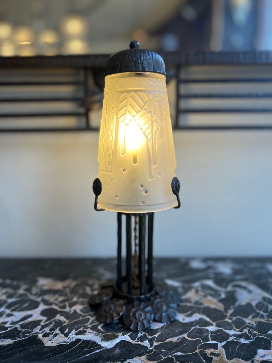 Art Deco Table Lamp Müller Frères Lunéville Signed / Wrought Iron (art Deco Lamp 1930) 