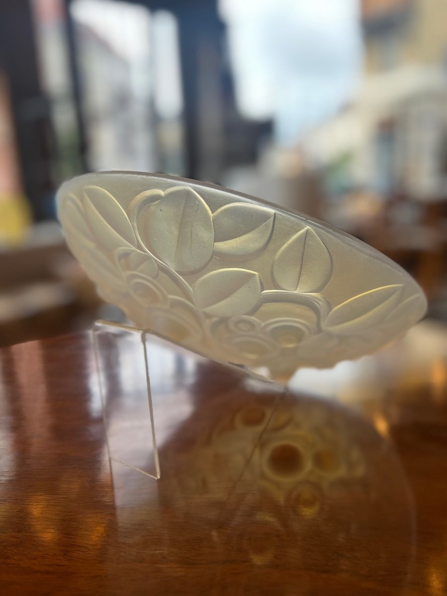 Rare Coupe / Centre De Table / Vide-poches Art Déco A. Hunebelle En Verre Opalescent Signé -photo-6