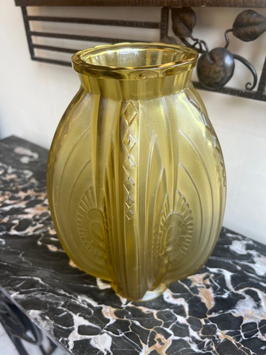 Large Art Deco Vase Sabino Model “pirogues” Signed {sabino Paris} (art Deco Vases 1930) -photo-7