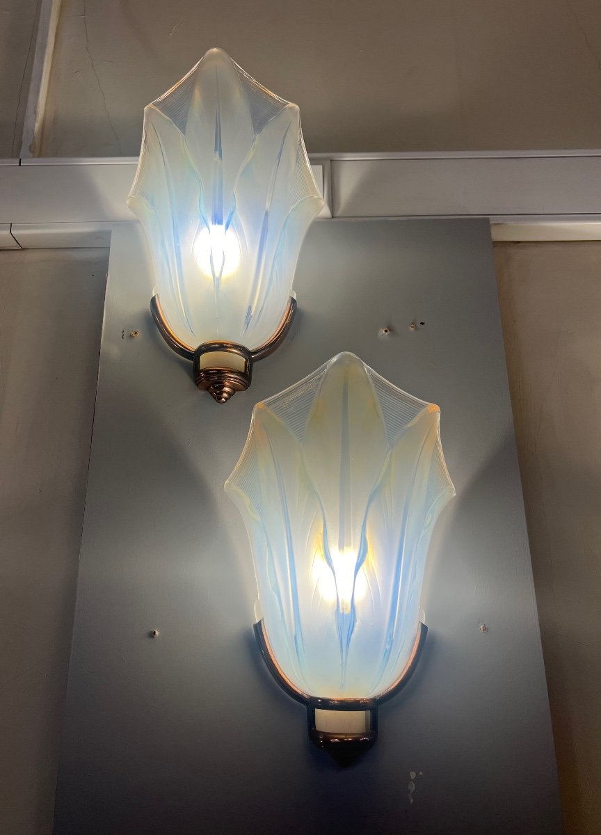 Magnificent Pair Of Art Deco Opalescent Glass Sconces Jean Gauthier Signed (wall Lamp 1930) -photo-2