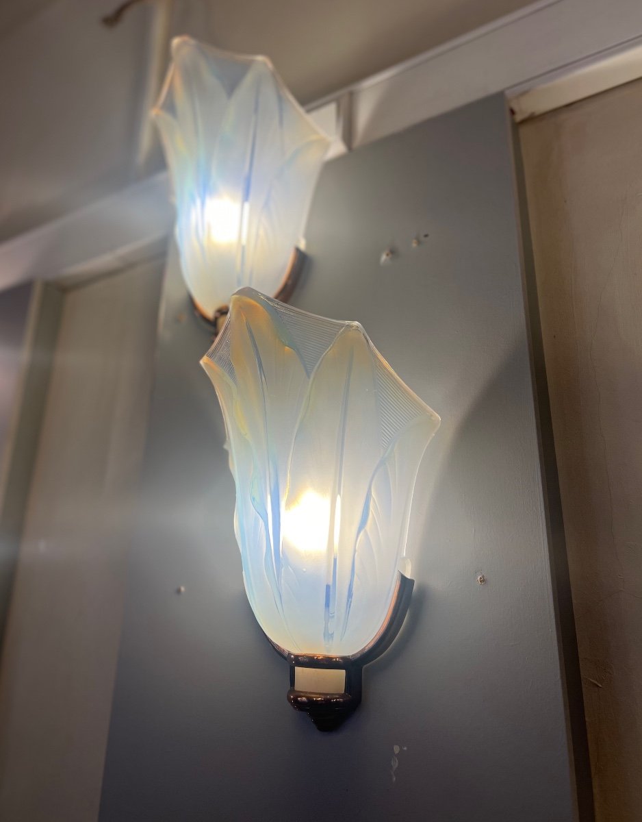 Magnificent Pair Of Art Deco Opalescent Glass Sconces Jean Gauthier Signed (wall Lamp 1930) -photo-3