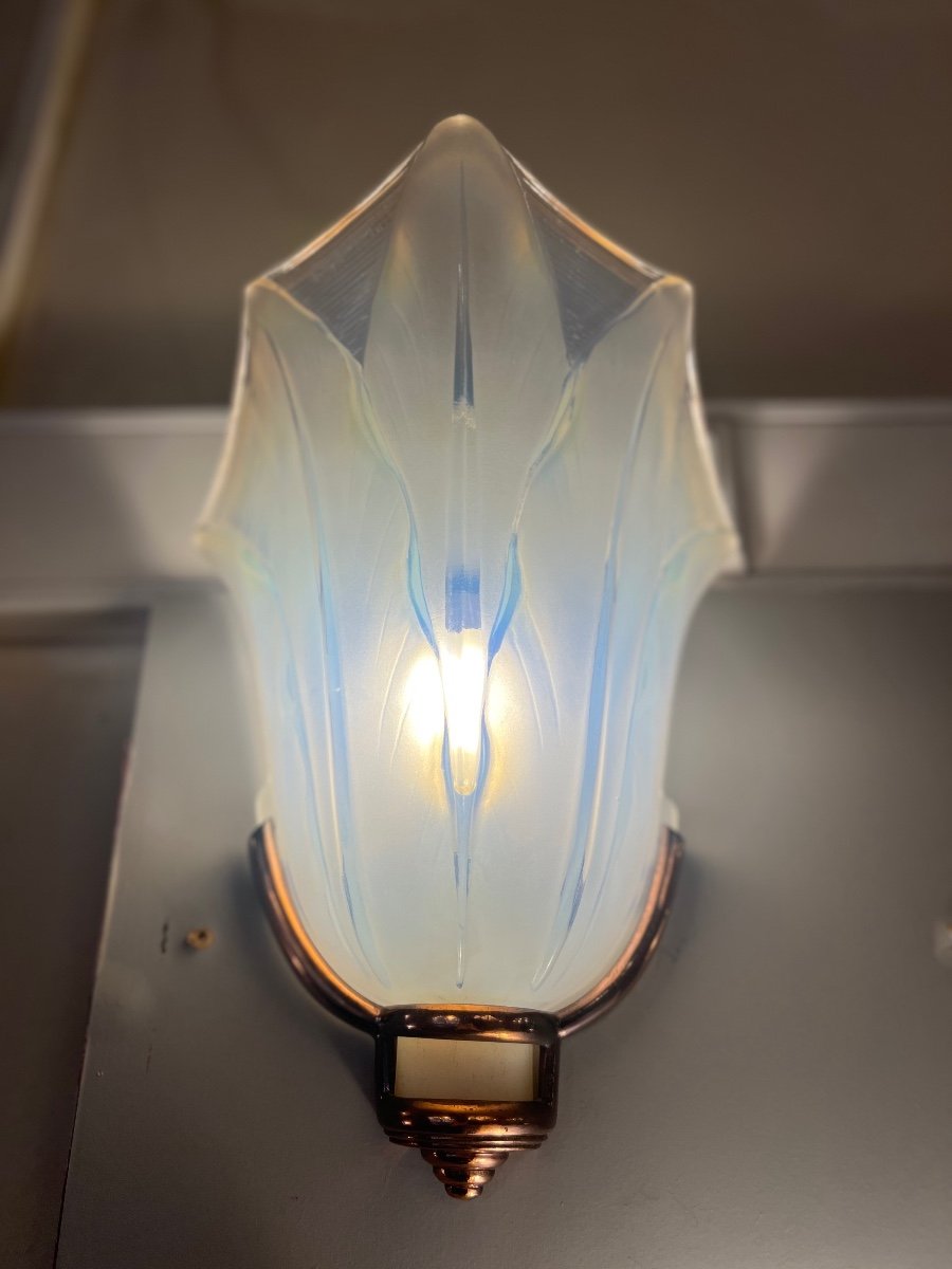 Magnificent Pair Of Art Deco Opalescent Glass Sconces Jean Gauthier Signed (wall Lamp 1930) -photo-4