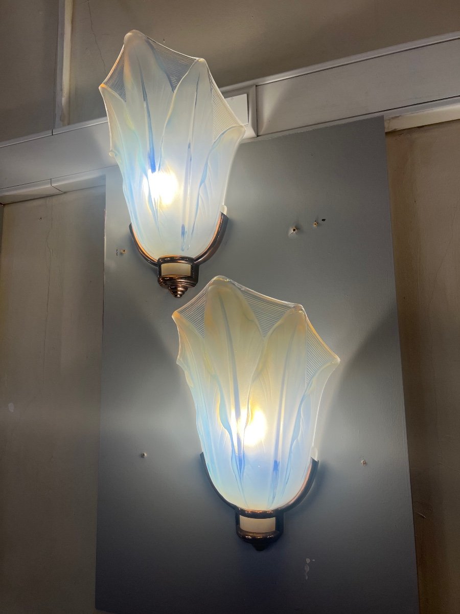 Magnificent Pair Of Art Deco Opalescent Glass Sconces Jean Gauthier Signed (wall Lamp 1930) -photo-1