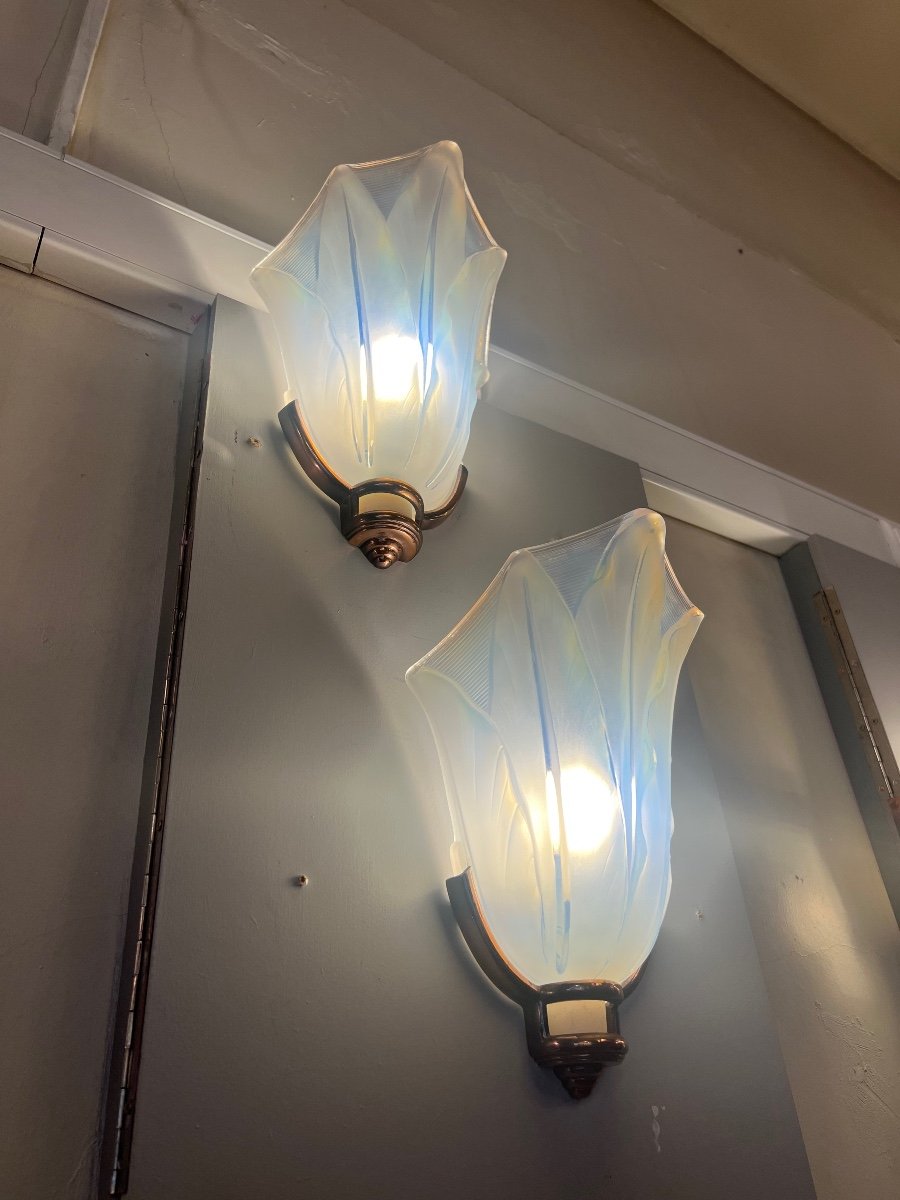 Magnificent Pair Of Art Deco Opalescent Glass Sconces Jean Gauthier Signed (wall Lamp 1930) -photo-2