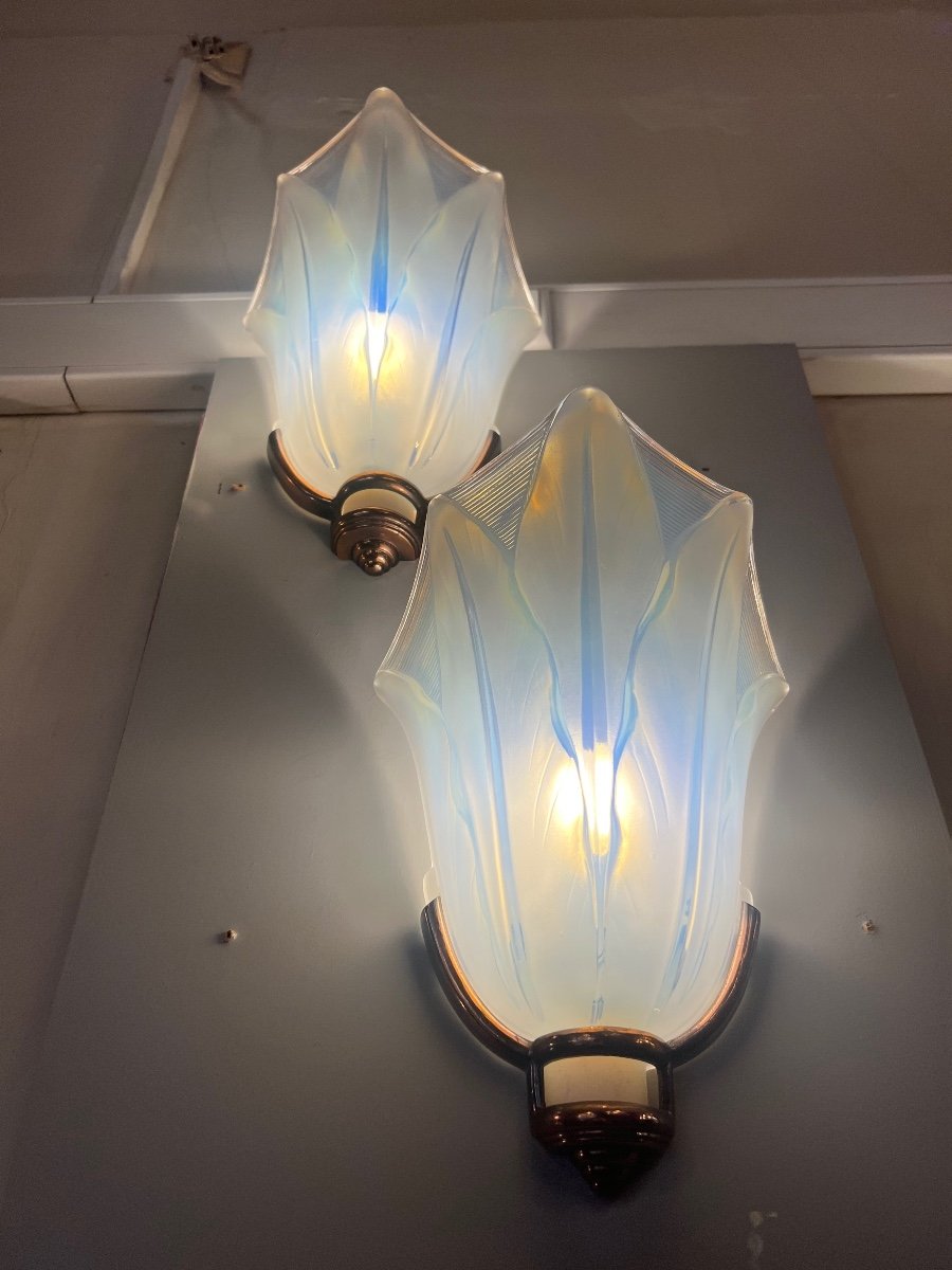 Magnificent Pair Of Art Deco Opalescent Glass Sconces Jean Gauthier Signed (wall Lamp 1930) -photo-3