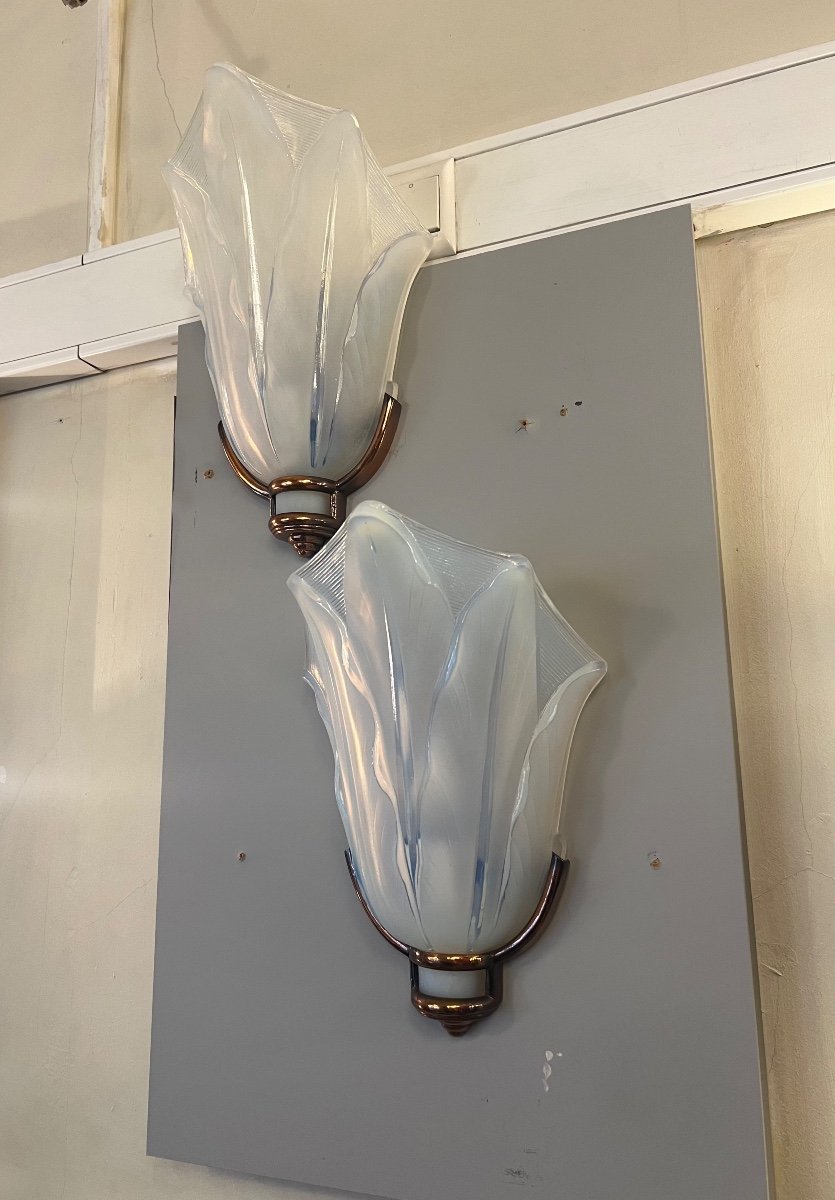 Magnificent Pair Of Art Deco Opalescent Glass Sconces Jean Gauthier Signed (wall Lamp 1930) -photo-4