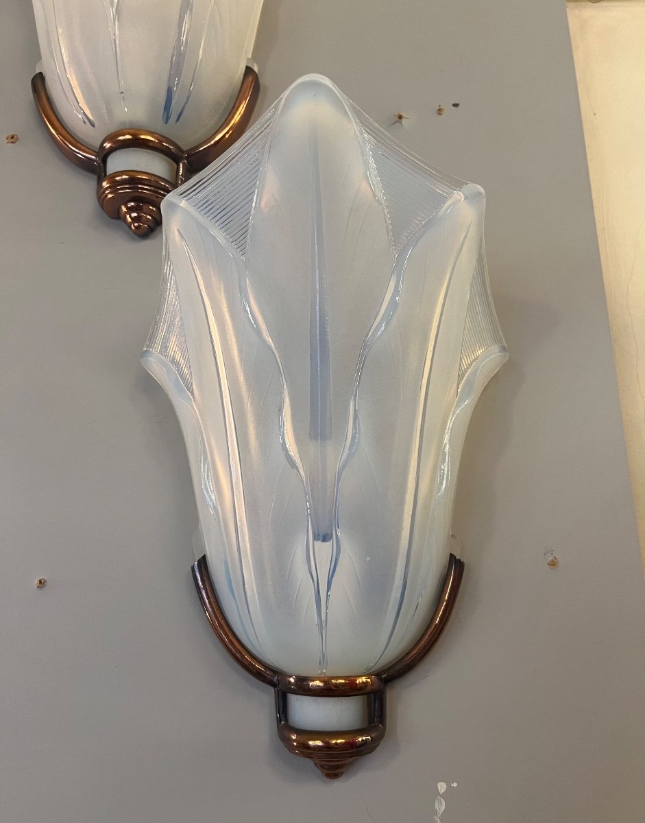 Magnificent Pair Of Art Deco Opalescent Glass Sconces Jean Gauthier Signed (wall Lamp 1930) -photo-5