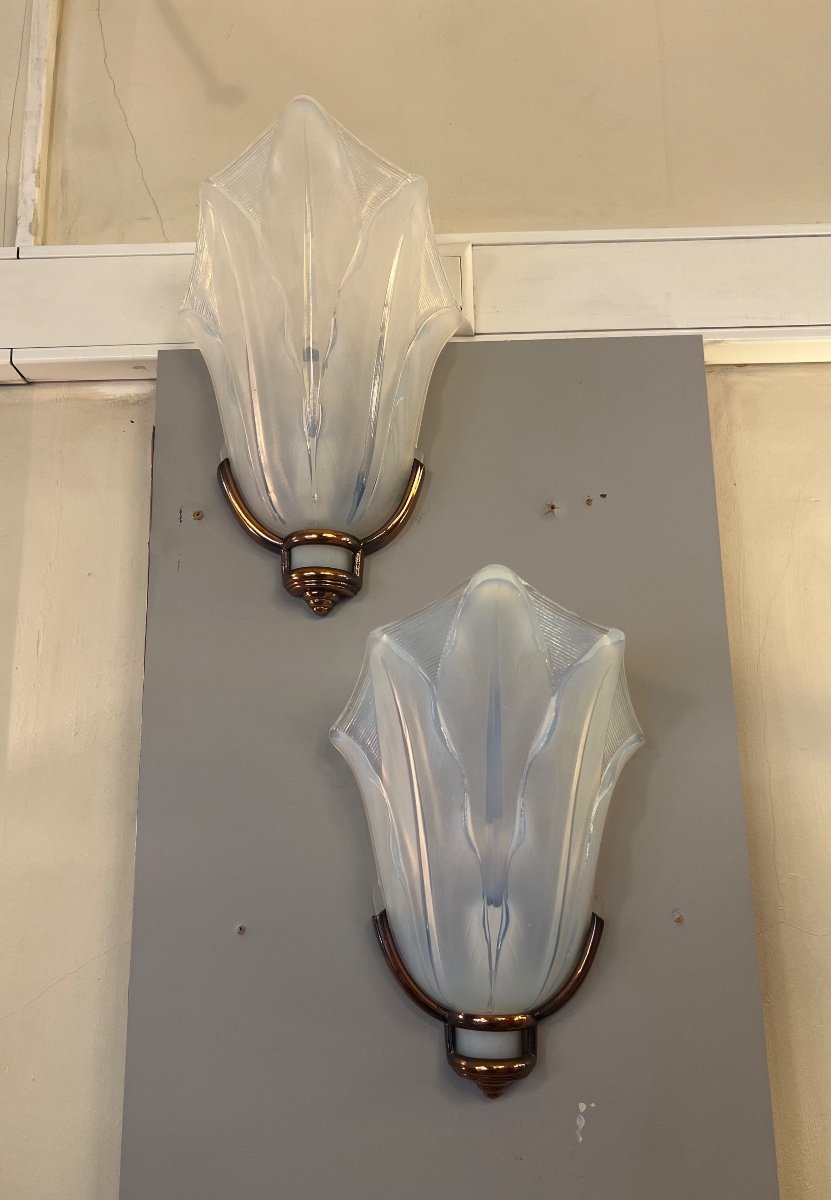 Magnificent Pair Of Art Deco Opalescent Glass Sconces Jean Gauthier Signed (wall Lamp 1930) -photo-6