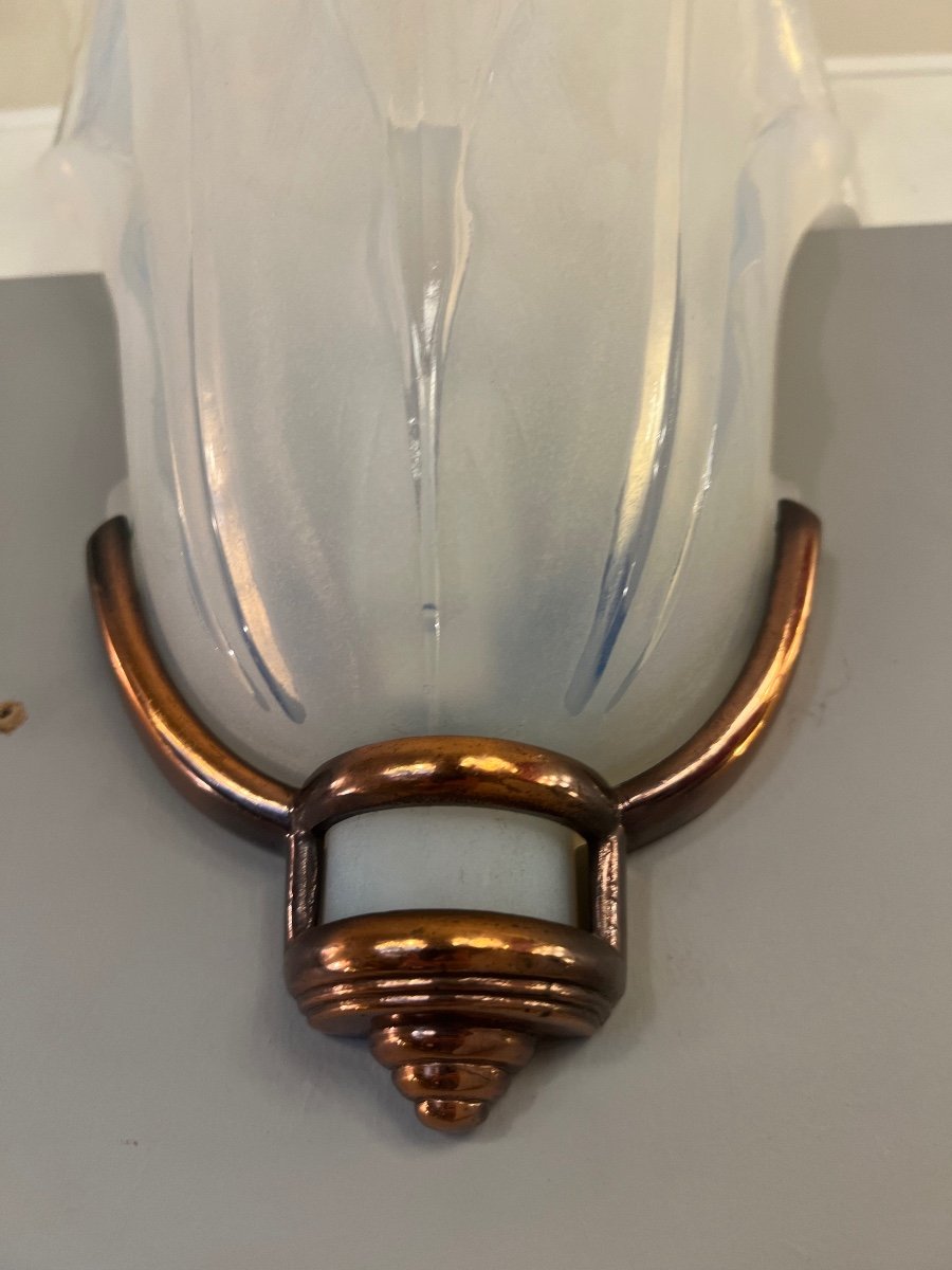 Magnificent Pair Of Art Deco Opalescent Glass Sconces Jean Gauthier Signed (wall Lamp 1930) -photo-7