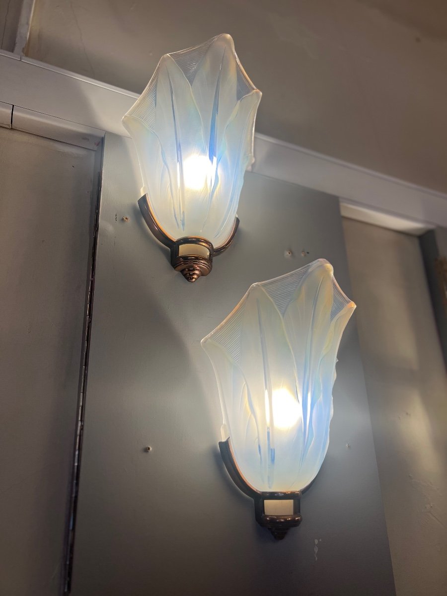 Magnificent Pair Of Art Deco Opalescent Glass Sconces Jean Gauthier Signed (wall Lamp 1930)