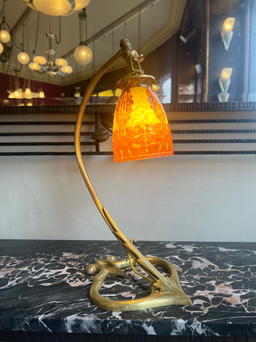 Art Nouveau / Art Deco Transitional Lamp “le Verre Français” With Brass Heart Foot (lamp 1930-photo-3
