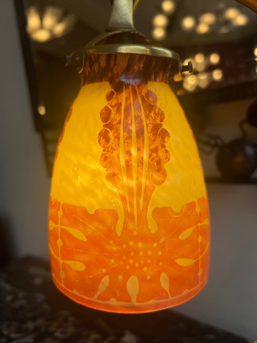 Art Nouveau / Art Deco Transitional Lamp “le Verre Français” With Brass Heart Foot (lamp 1930-photo-2