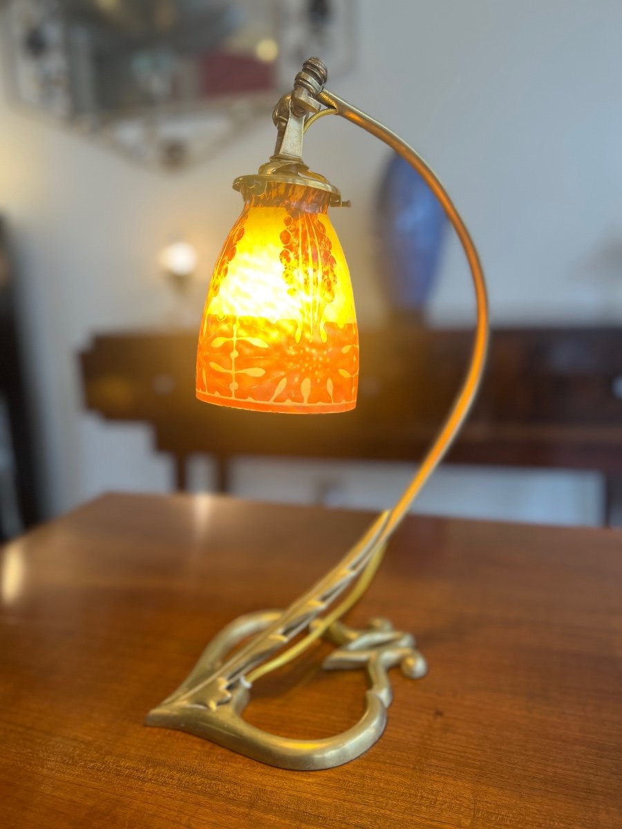 Art Nouveau / Art Deco Transitional Lamp “le Verre Français” With Brass Heart Foot (lamp 1930-photo-5