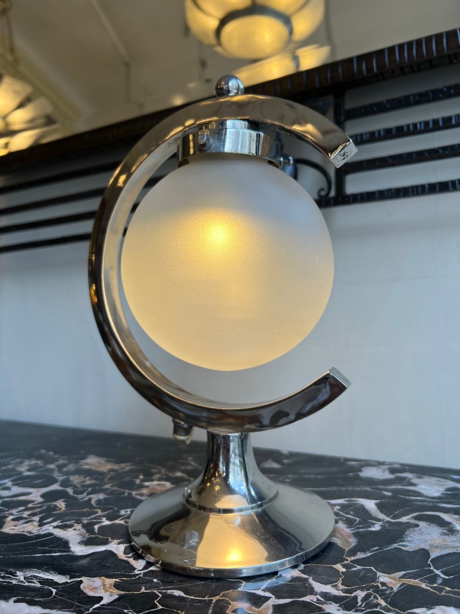 Modernist Art Deco Lamp In Chromed Metal And Frosted Glass (art Deco Lamps 1930 / Lighting) -photo-3
