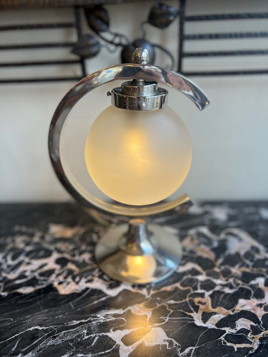 Modernist Art Deco Lamp In Chromed Metal And Frosted Glass (art Deco Lamps 1930 / Lighting) -photo-2
