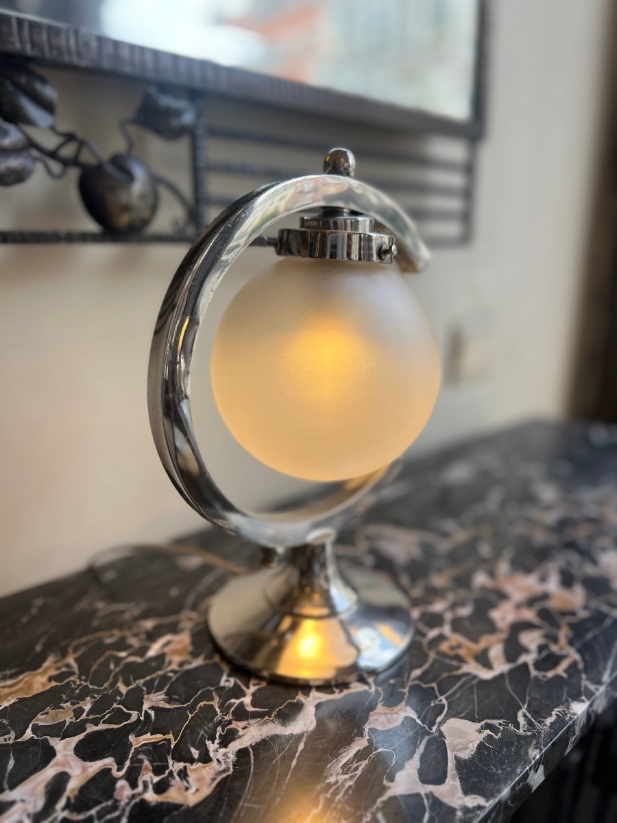 Modernist Art Deco Lamp In Chromed Metal And Frosted Glass (art Deco Lamps 1930 / Lighting) -photo-4