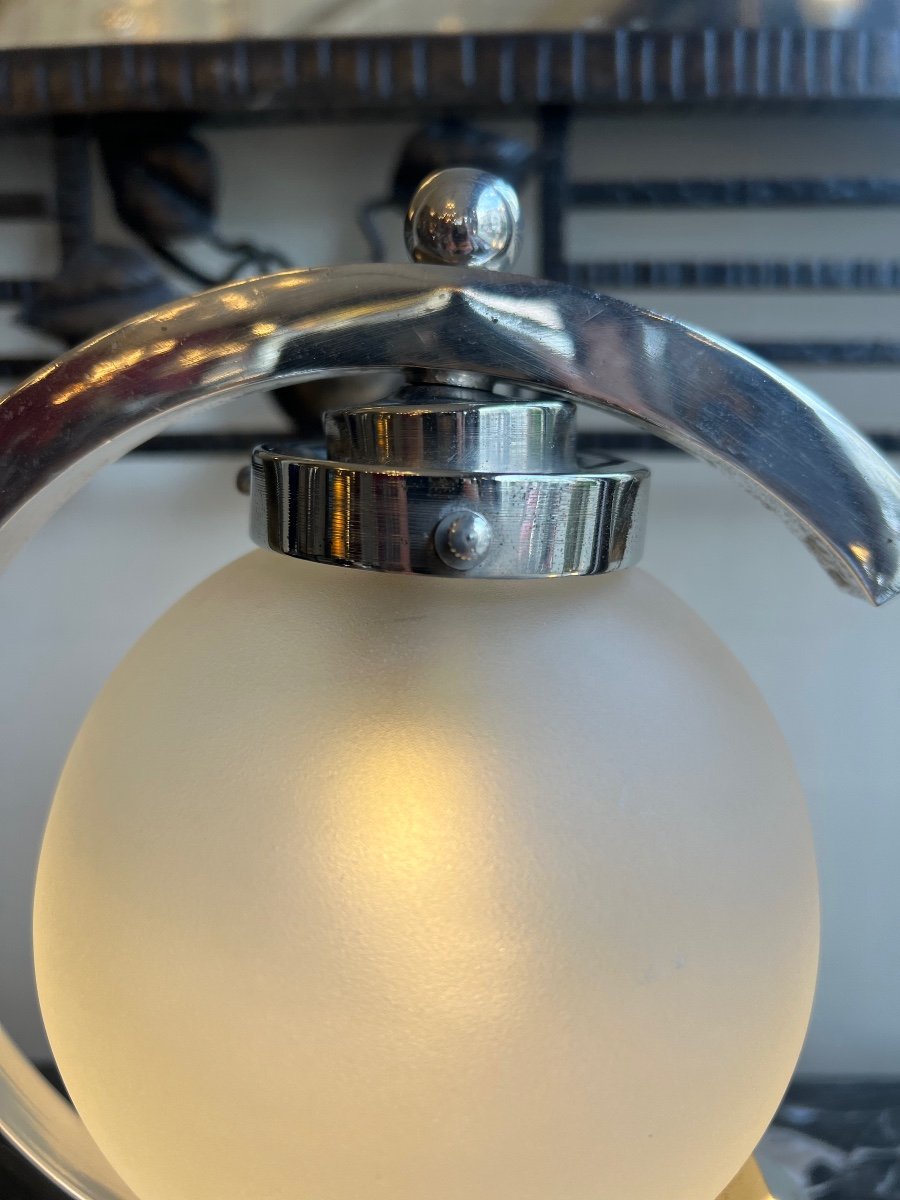 Modernist Art Deco Lamp In Chromed Metal And Frosted Glass (art Deco Lamps 1930 / Lighting) -photo-5