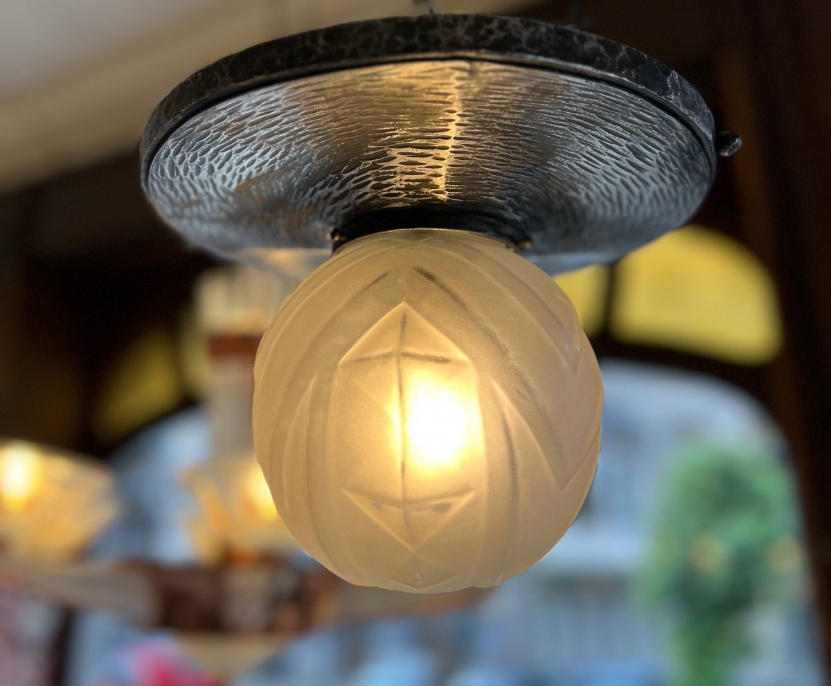 Art Deco Ceiling Lamp Verrerie Des Vosges / Wrought Iron (art Deco Chandelier / Suspension 1930) -photo-2