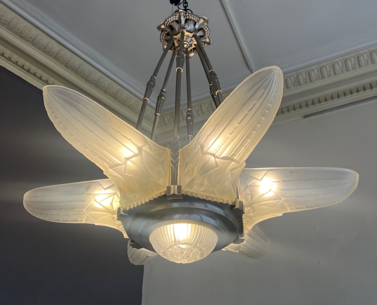 Splendid Art Deco Val Saint Lambert “star” Chandelier With 6 Arms (art Deco Chandeliers 1930) -photo-4