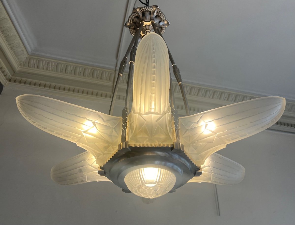 Splendid Art Deco Val Saint Lambert “star” Chandelier With 6 Arms (art Deco Chandeliers 1930) -photo-3