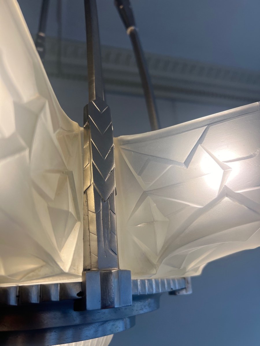 Splendid Art Deco Val Saint Lambert “star” Chandelier With 6 Arms (art Deco Chandeliers 1930) -photo-4