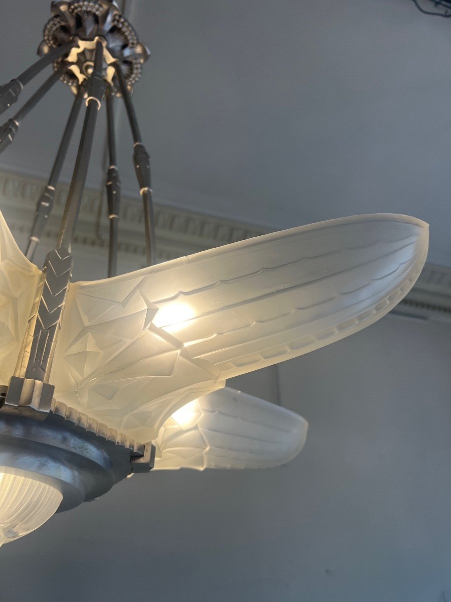 Splendid Art Deco Val Saint Lambert “star” Chandelier With 6 Arms (art Deco Chandeliers 1930) -photo-5
