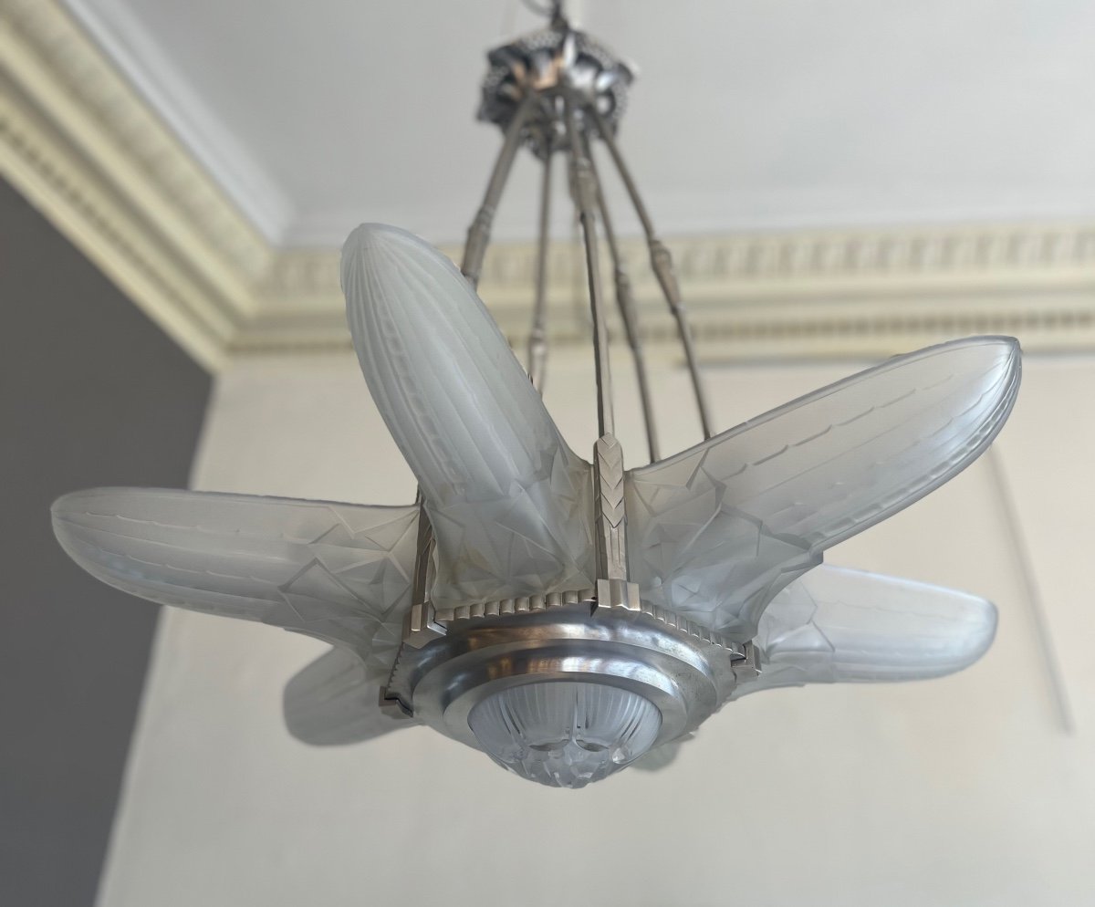 Splendid Art Deco Val Saint Lambert “star” Chandelier With 6 Arms (art Deco Chandeliers 1930) -photo-7