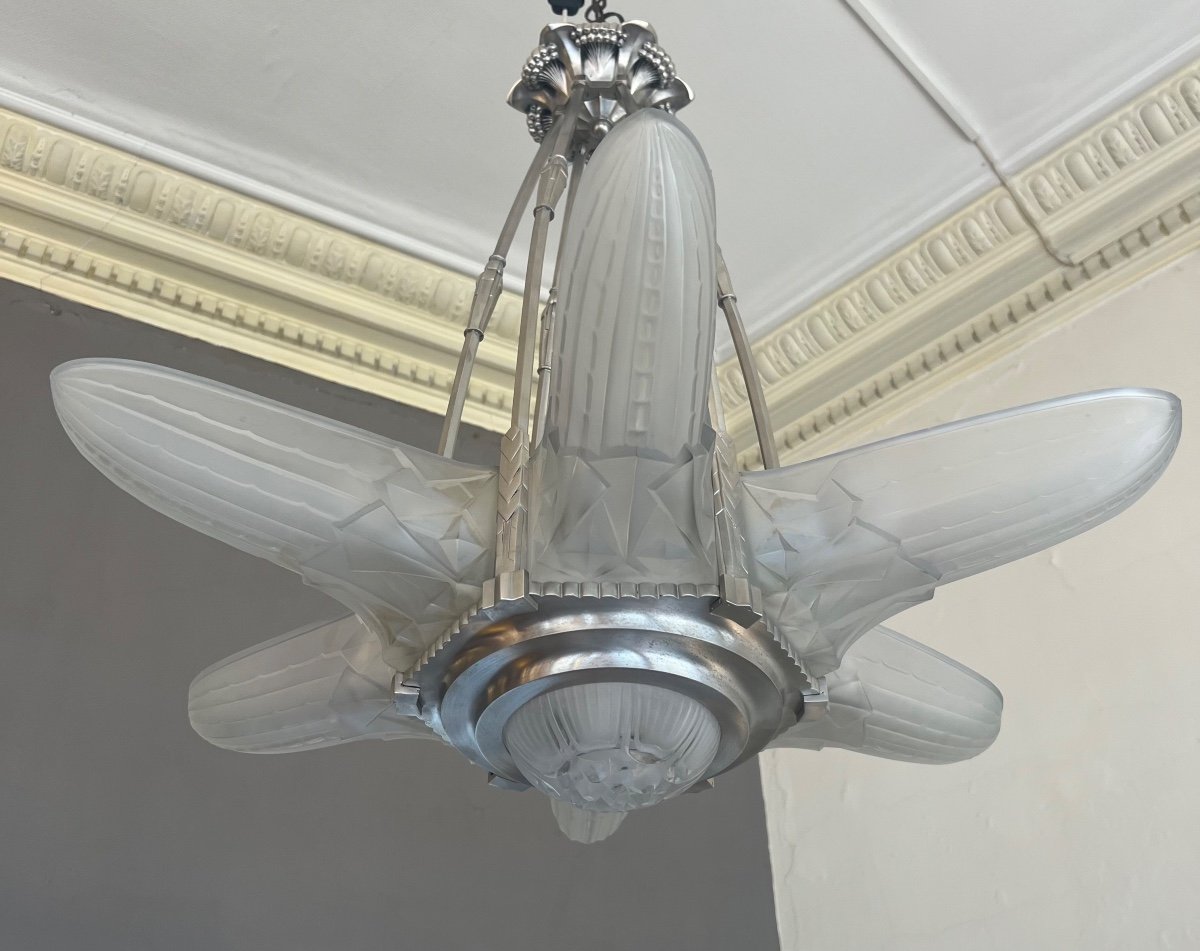 Splendid Art Deco Val Saint Lambert “star” Chandelier With 6 Arms (art Deco Chandeliers 1930) -photo-8
