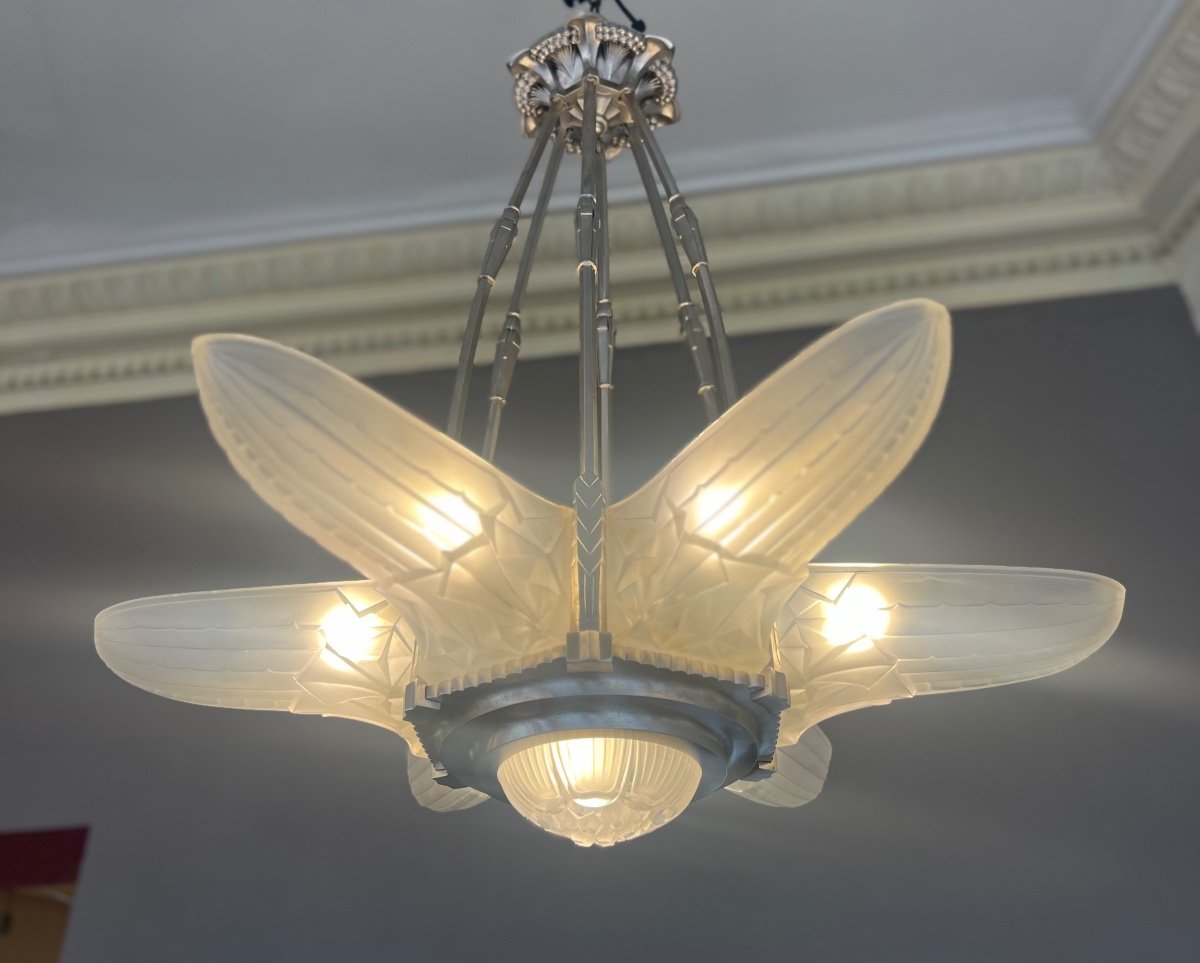 Splendid Art Deco Val Saint Lambert “star” Chandelier With 6 Arms (art Deco Chandeliers 1930)