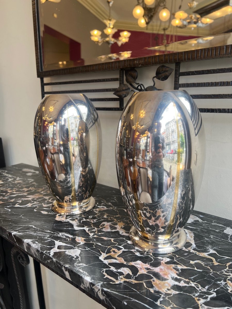 Paire De Vases Art Déco Ikora WMF En Métal Argenté Et laiton ( Vase Art Deco 1930 ) 