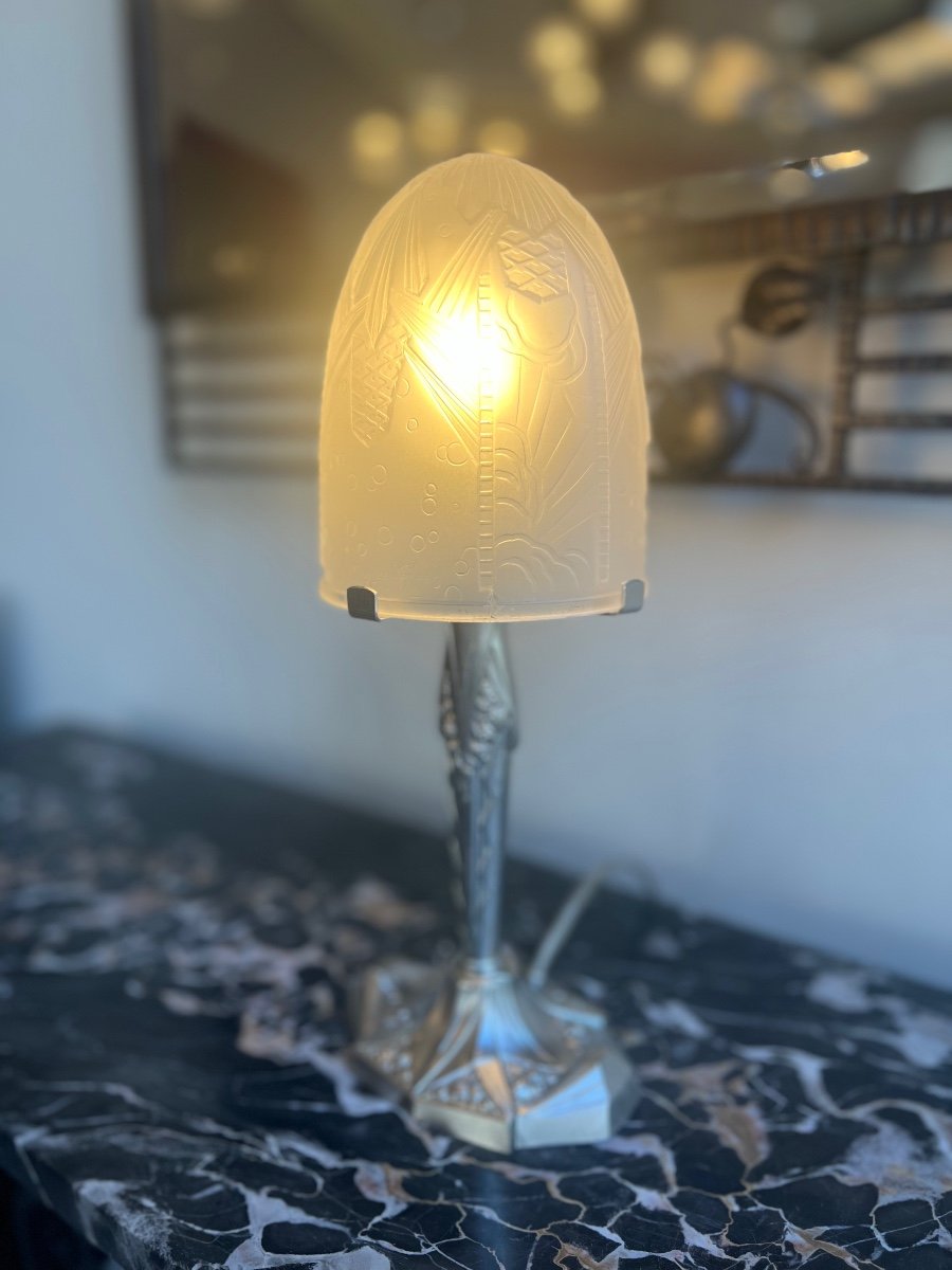 Art Deco Lamp “landscape With Corn Ears” Signed Müller Frères (art Deco Lamps 1930) -photo-3