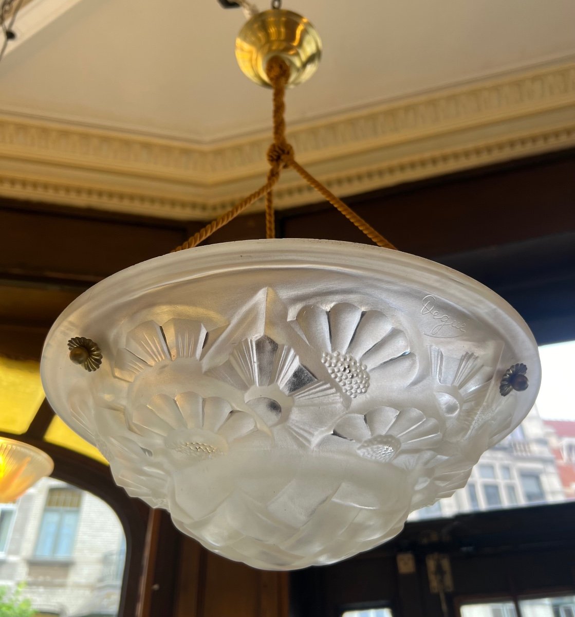 Art Deco Suspension / Ceiling Lamp In Cordelières Signed Degué (art Deco Chandelier 1930) -photo-4