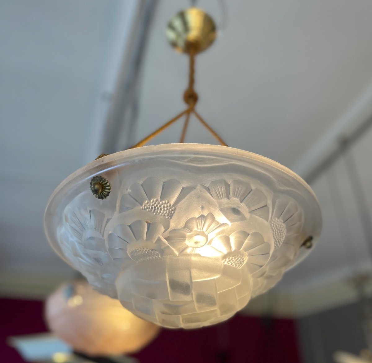 Art Deco Suspension / Ceiling Lamp In Cordelières Signed Degué (art Deco Chandelier 1930) -photo-1
