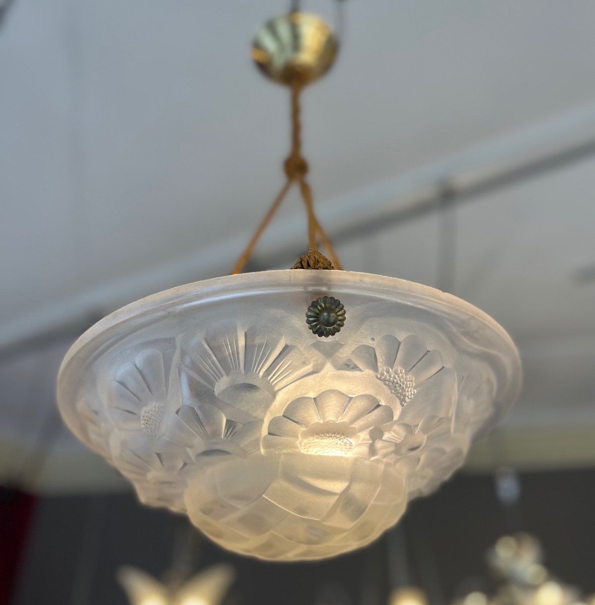 Art Deco Suspension / Ceiling Lamp In Cordelières Signed Degué (art Deco Chandelier 1930) -photo-5
