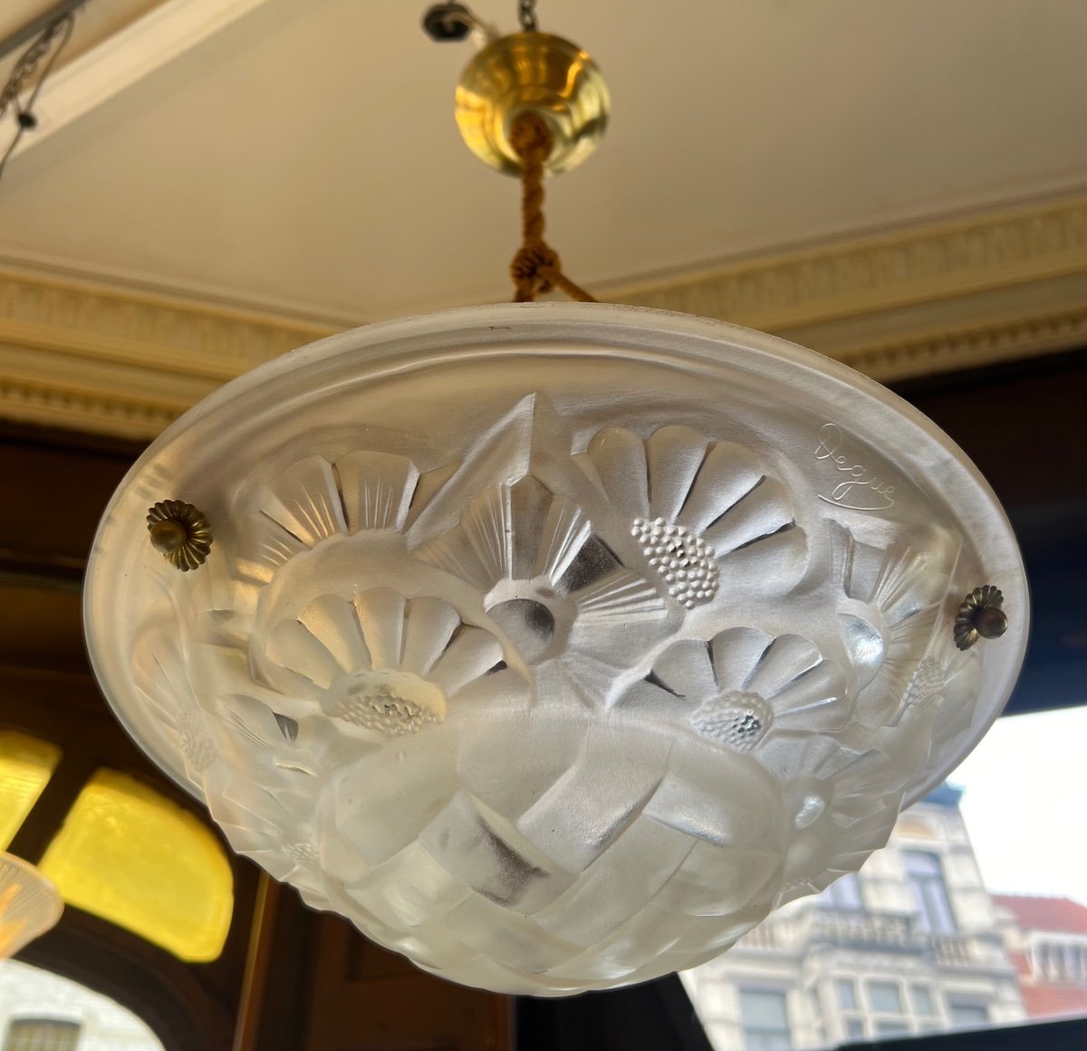 Art Deco Suspension / Ceiling Lamp In Cordelières Signed Degué (art Deco Chandelier 1930) -photo-6