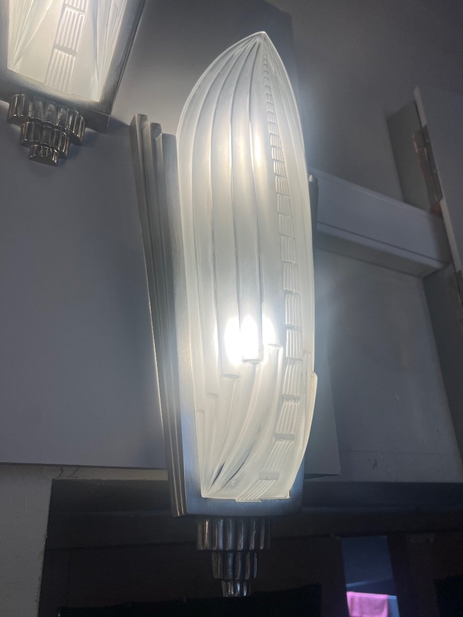 Extraordinary Pair Of Art Deco Wall Lights Signed Genet & Michon France Art Deco Wall Light 1930-photo-4