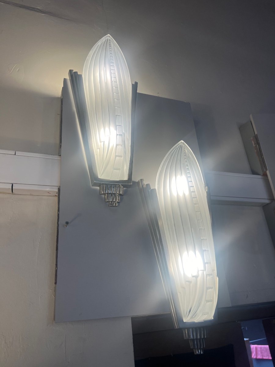 Extraordinary Pair Of Art Deco Wall Lights Signed Genet & Michon France Art Deco Wall Light 1930-photo-2