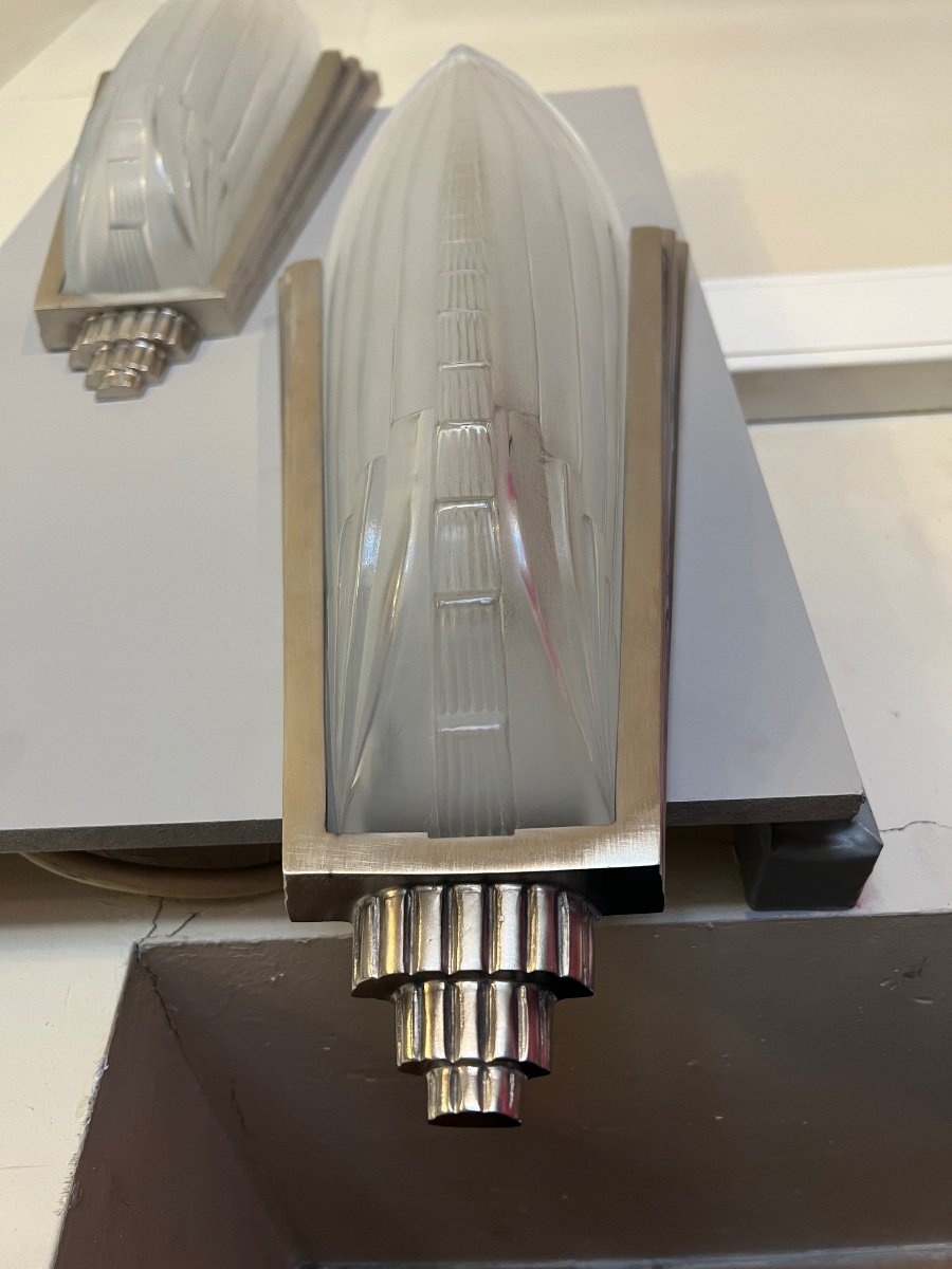 Extraordinary Pair Of Art Deco Wall Lights Signed Genet & Michon France Art Deco Wall Light 1930-photo-5