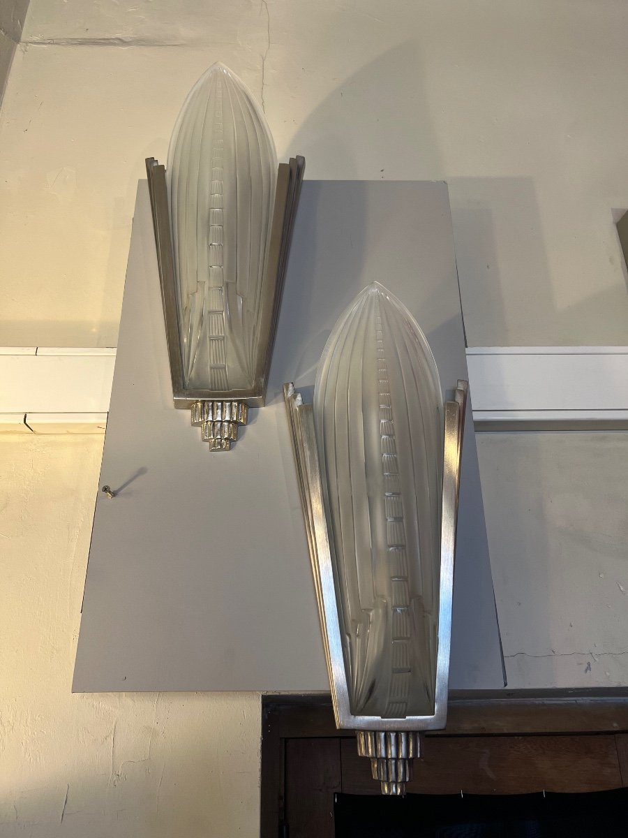 Extraordinary Pair Of Art Deco Wall Lights Signed Genet & Michon France Art Deco Wall Light 1930-photo-7