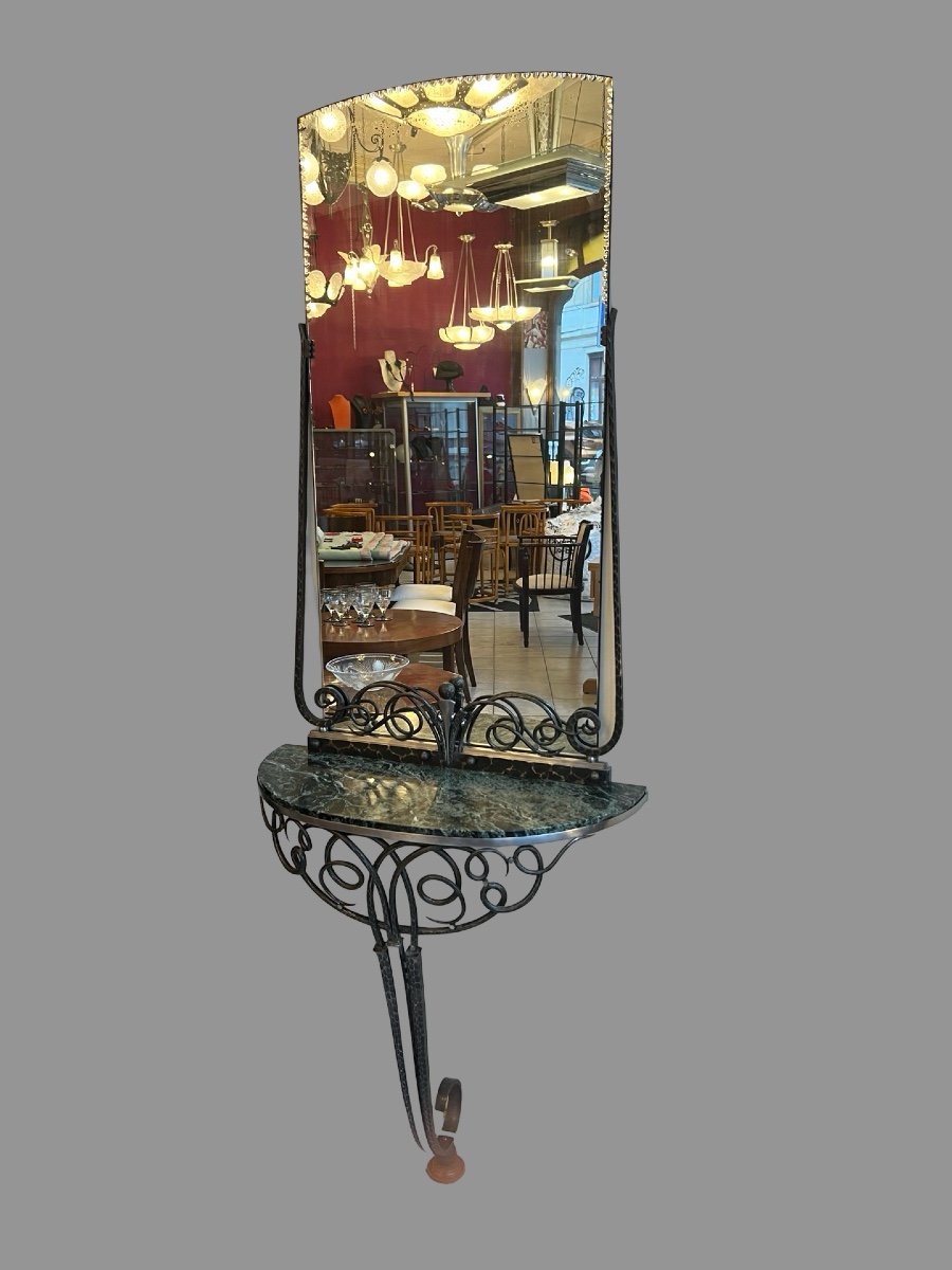 Console And Its Art Deco Mirror In Wrought Iron / Marble And Brushed Steel (art Deco Mirror 1930) -photo-2