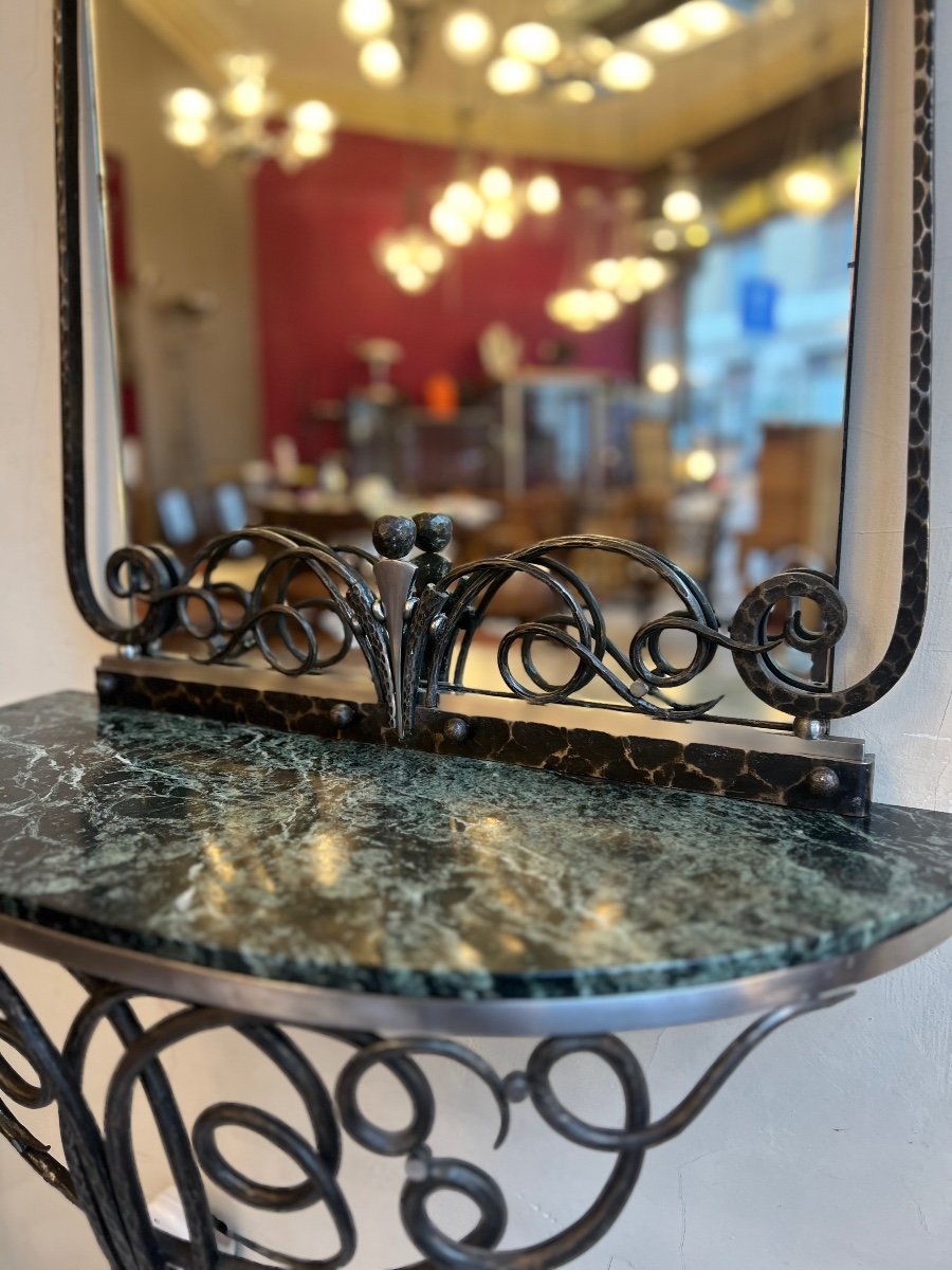 Console And Its Art Deco Mirror In Wrought Iron / Marble And Brushed Steel (art Deco Mirror 1930) -photo-3
