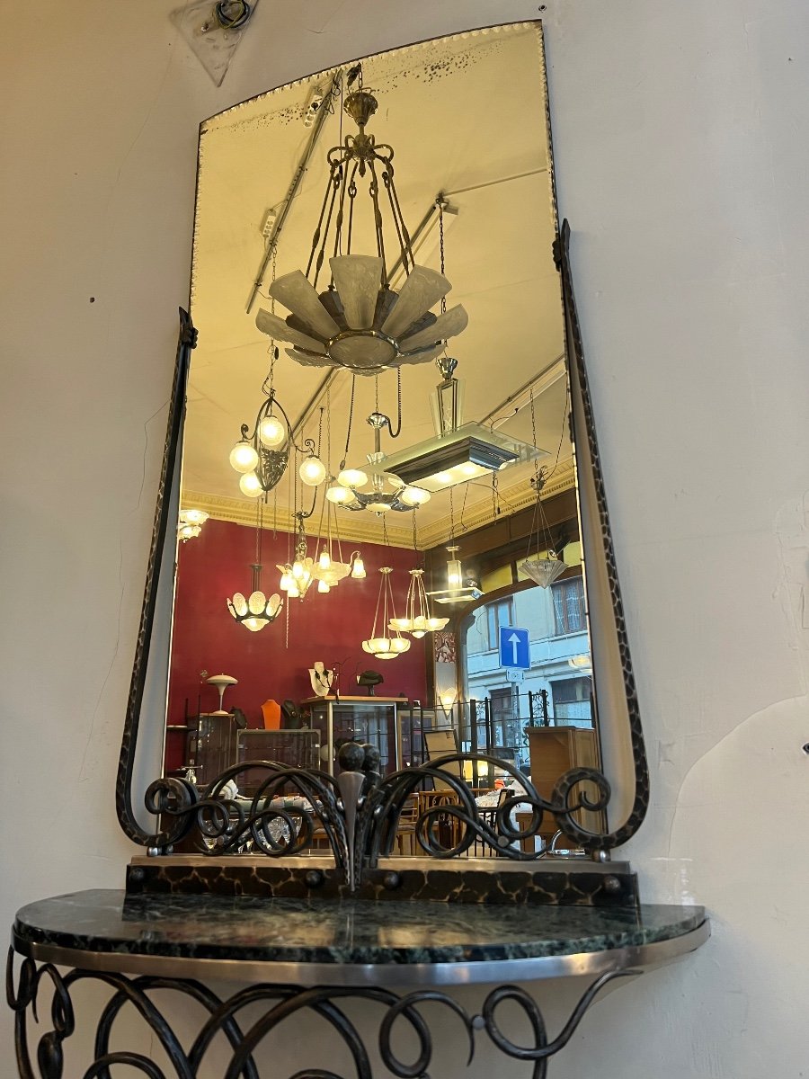 Console And Its Art Deco Mirror In Wrought Iron / Marble And Brushed Steel (art Deco Mirror 1930) -photo-4