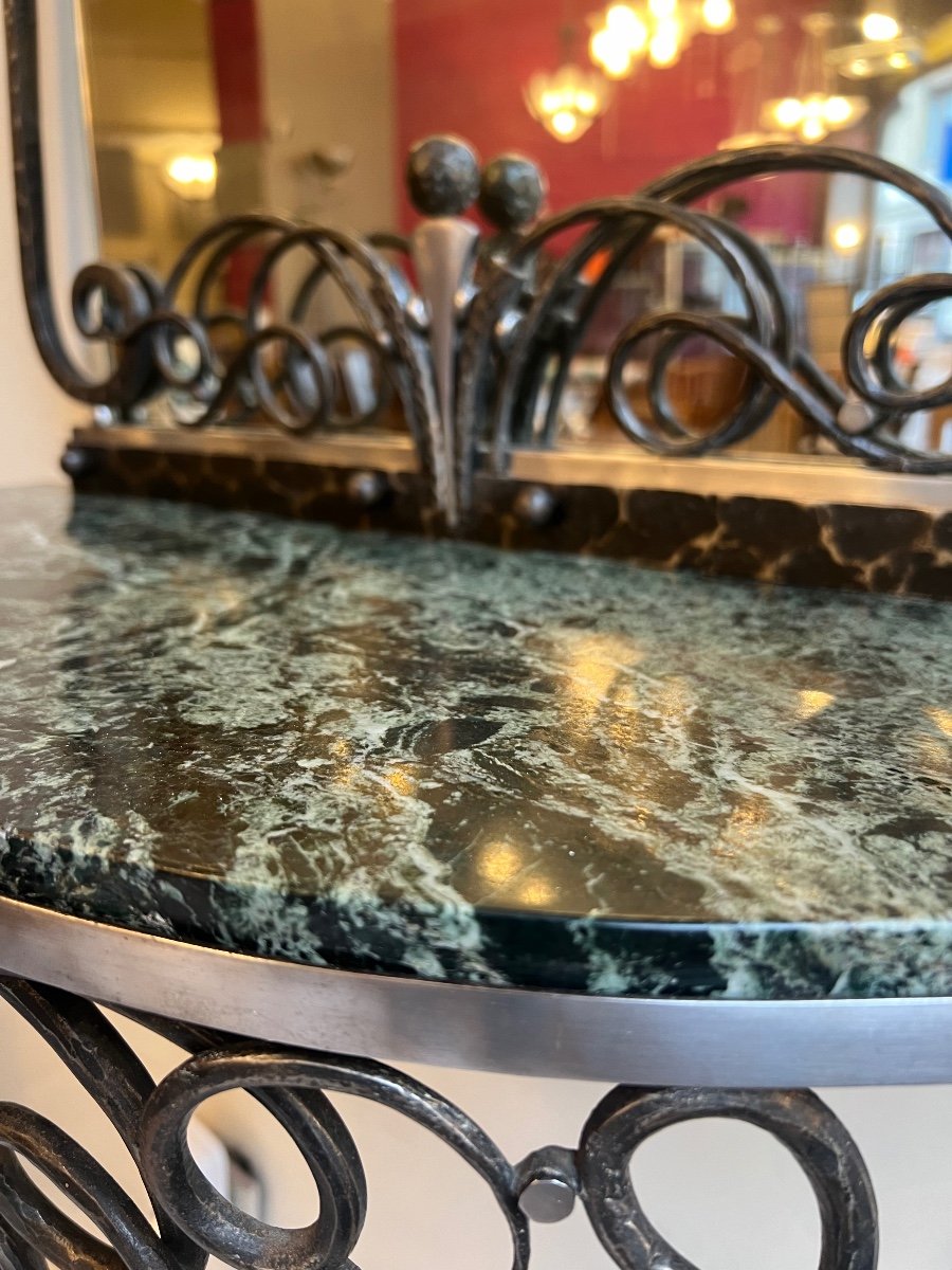 Console And Its Art Deco Mirror In Wrought Iron / Marble And Brushed Steel (art Deco Mirror 1930) -photo-2