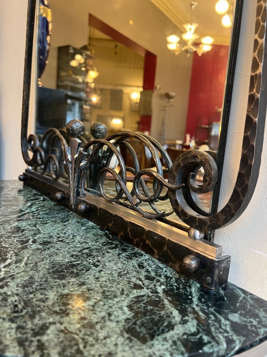 Console And Its Art Deco Mirror In Wrought Iron / Marble And Brushed Steel (art Deco Mirror 1930) -photo-3