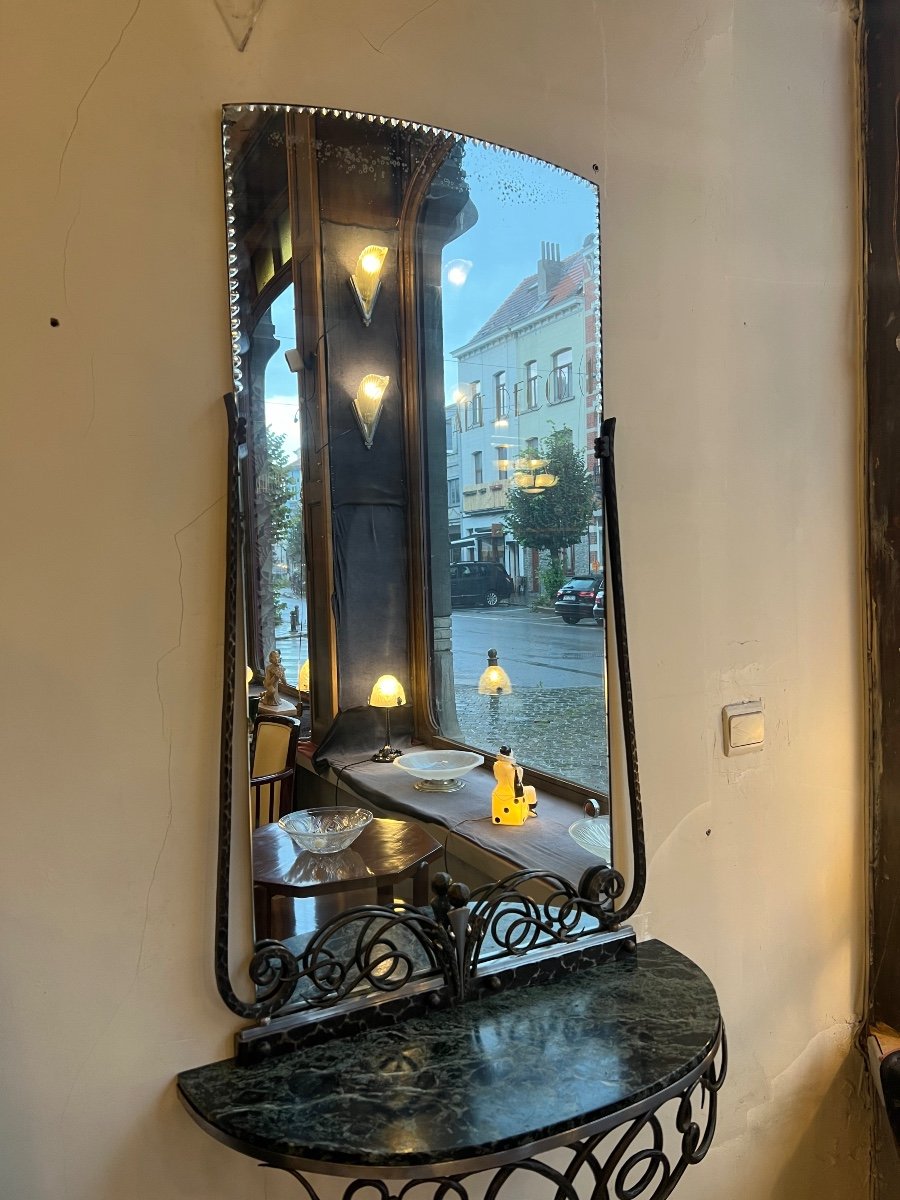 Console And Its Art Deco Mirror In Wrought Iron / Marble And Brushed Steel (art Deco Mirror 1930) -photo-5