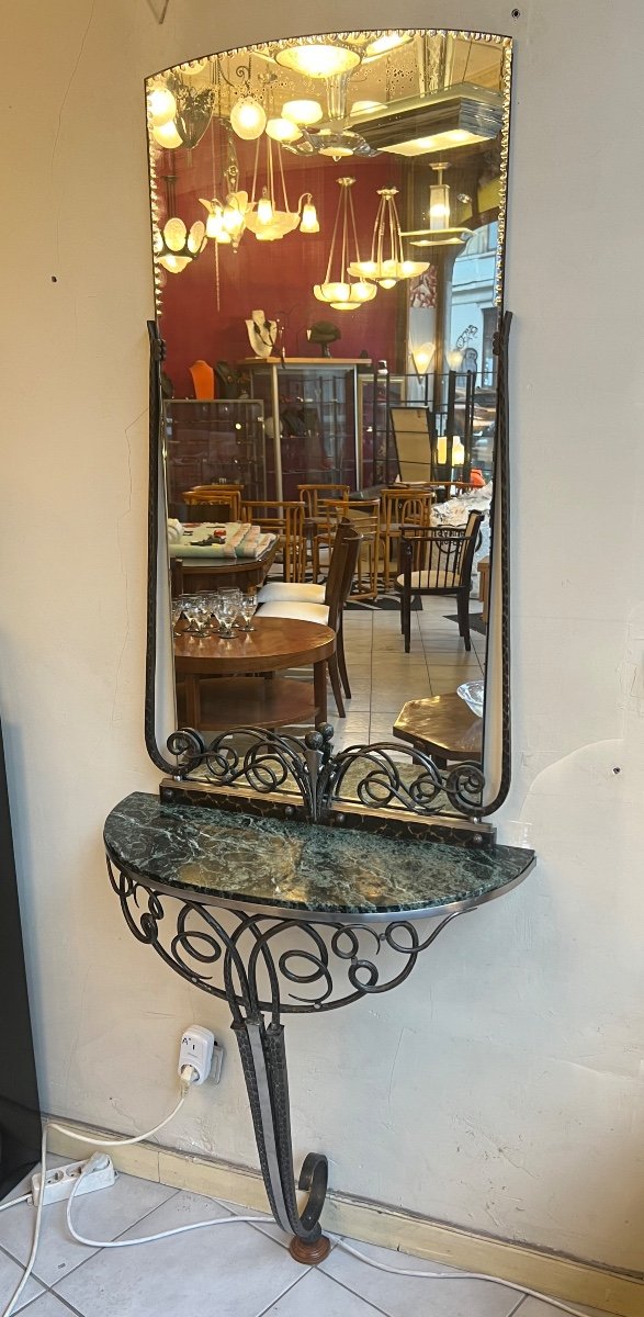 Console And Its Art Deco Mirror In Wrought Iron / Marble And Brushed Steel (art Deco Mirror 1930) 