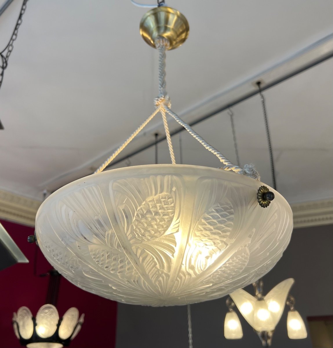 Pair Of Art Deco “pine Cone” Pendant Lights Signed Danyl And Numbered Art Deco 1930-photo-3