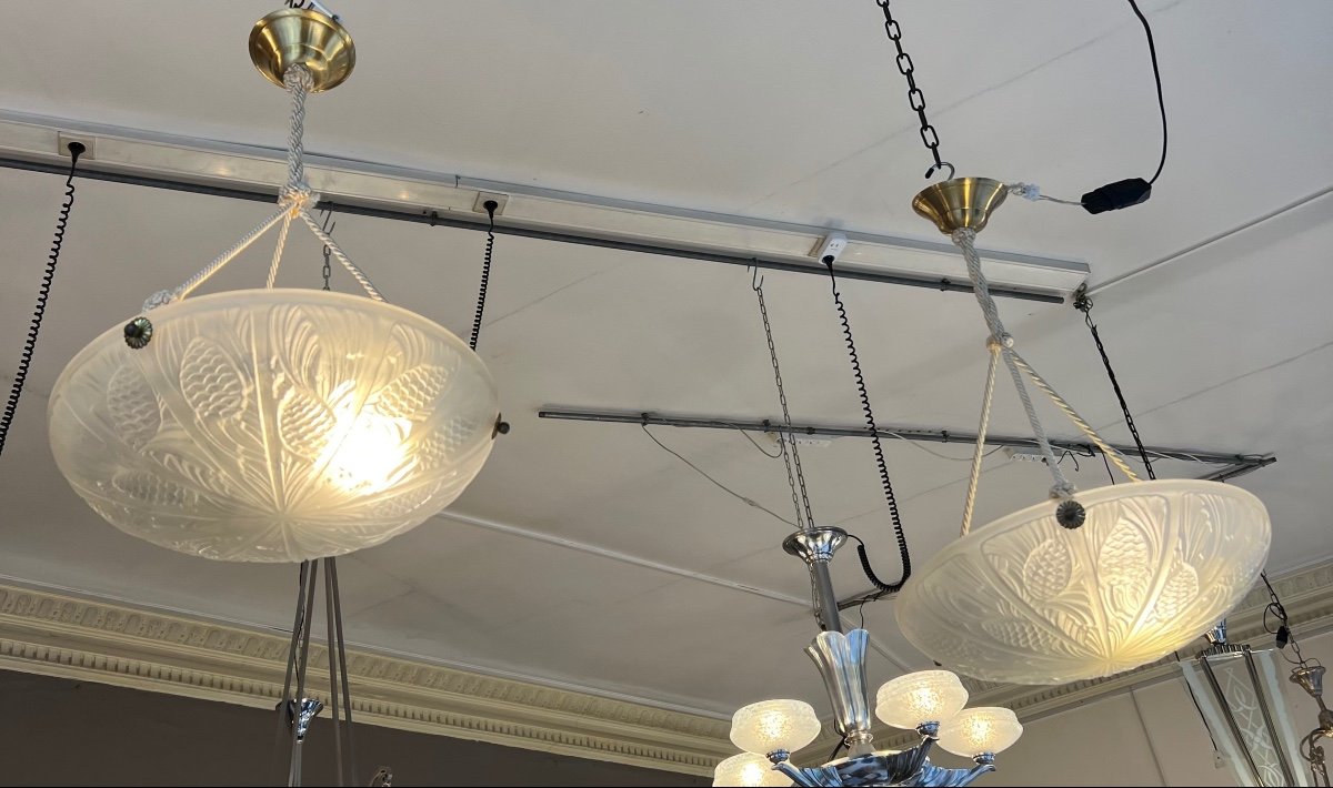 Pair Of Art Deco “pine Cone” Pendant Lights Signed Danyl And Numbered Art Deco 1930