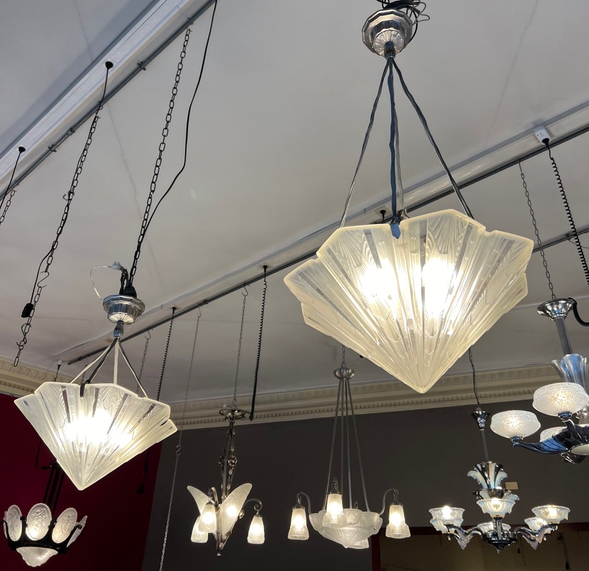 Exceptional Suspension / Ceiling Light (pair Available) Art Deco Signed Hettier & Vincent (1930-photo-3