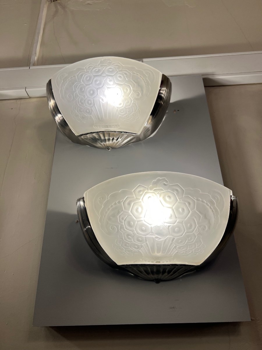 Splendid Pair Of Art Deco Wall Lights Signed Müller Frères Lunéville (art Deco Wall Light 1930) -photo-2